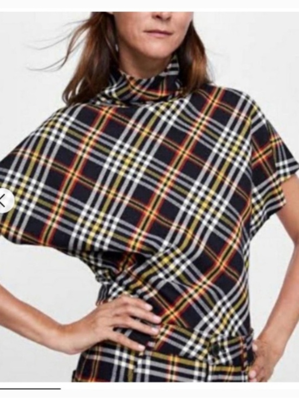 Zara plaid a-symmetrical mock neck bias cut top blouse size L